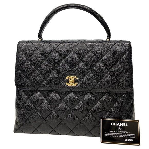 Authentic CHANEL CC Caviar Vertical Quilted Kelly Flap Bag Black Purse Handle - Picture 1 of 16
